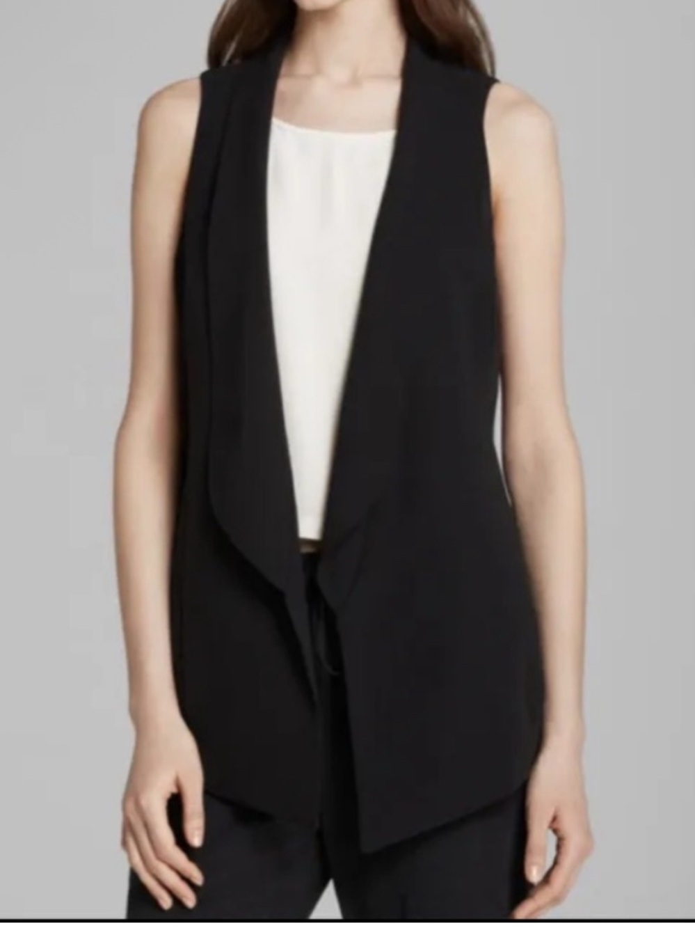 EILEEN FISHER Black Open-Front Shawl Collar Long Silk Vest Sleeveless Blazer S